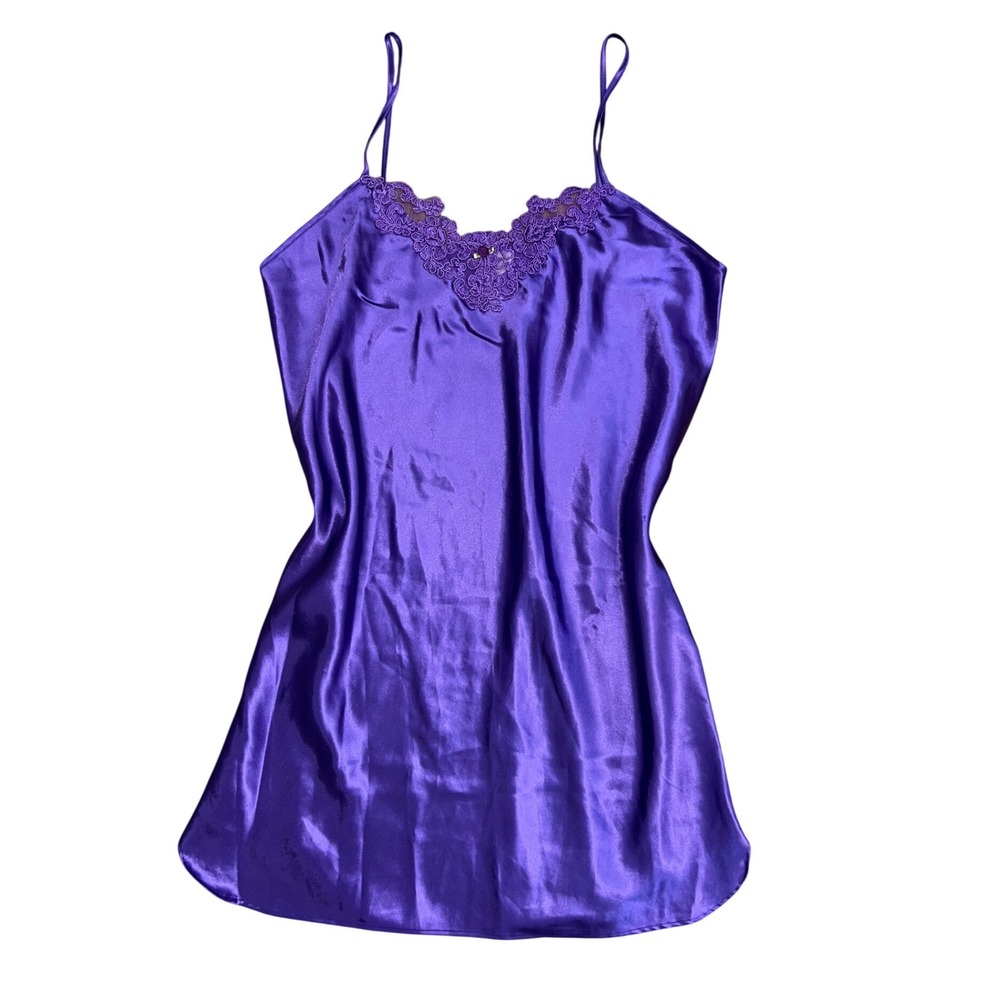 Vintage Purple Satin Lace Trim mini slip dress Chemise Nightgown Large‎ sexy